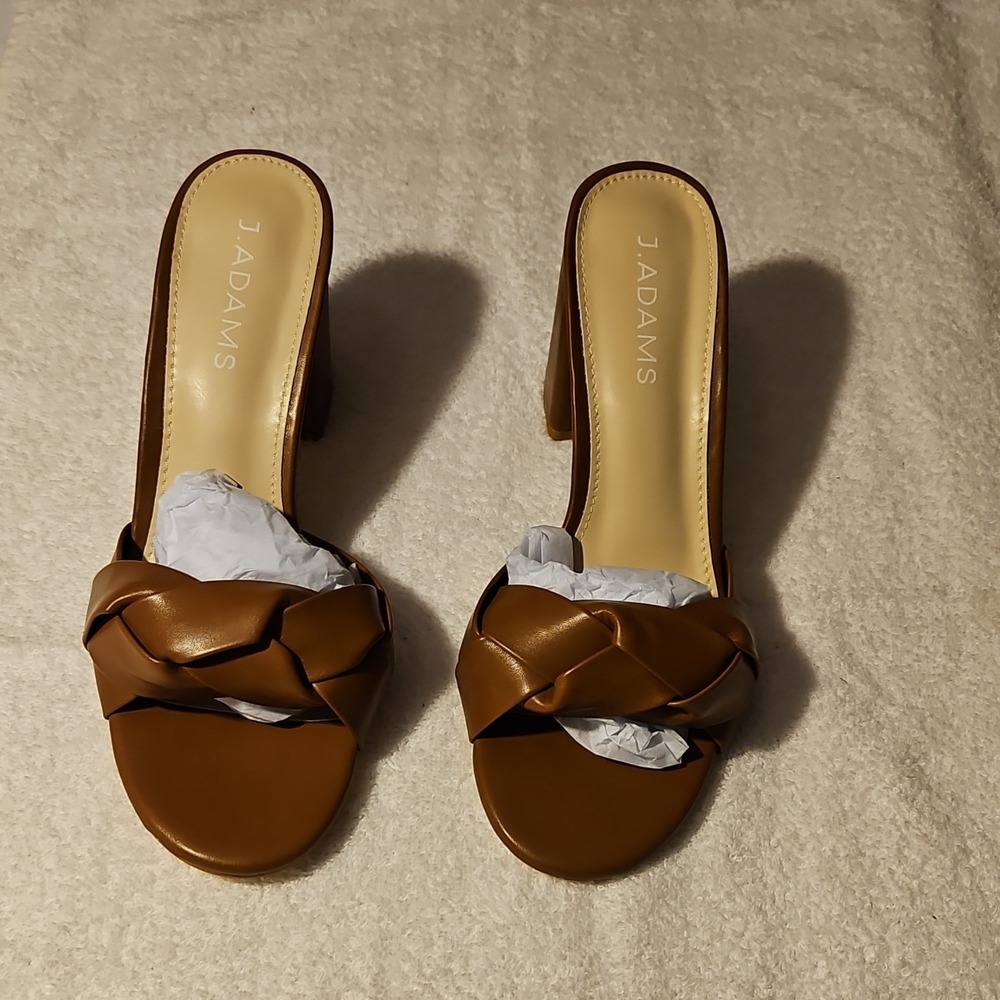J. Adams Tan PU Braided Strap Block Heel Mules Open Toe Slip On Women's Size 8